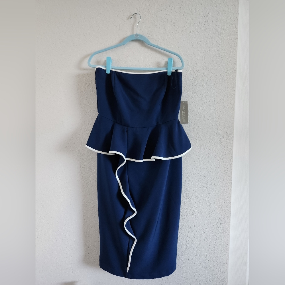 Eva Mendes Strapless Peplum Dress navy white ruffle size 12 NWT